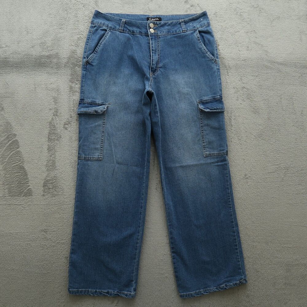 D. Jeans Women's Size 12 Blue High-Rise Wide-Leg Cargo Denim Pants 29" Inseam
